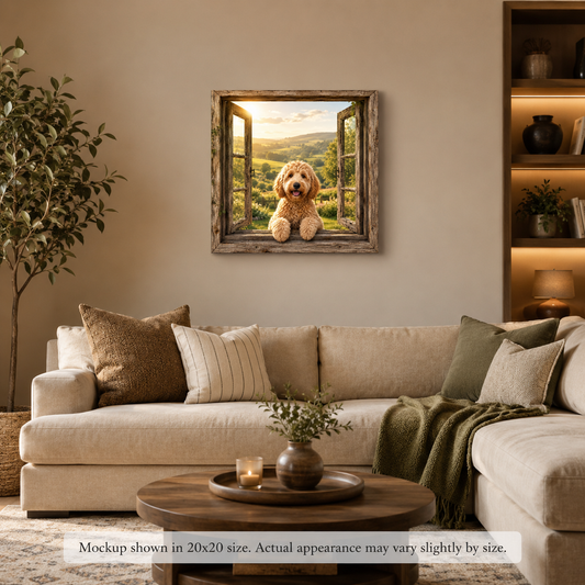 Happy Goldendoodle Window View Canvas