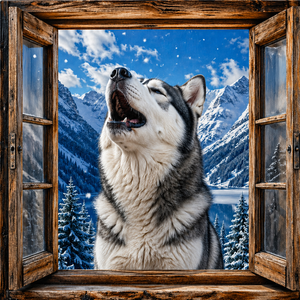 Husky Howl canvas wall art featuring a howling husky viewed through an open rustic wooden window with snowy mountains, evergreen trees, and a winter alpine landscape