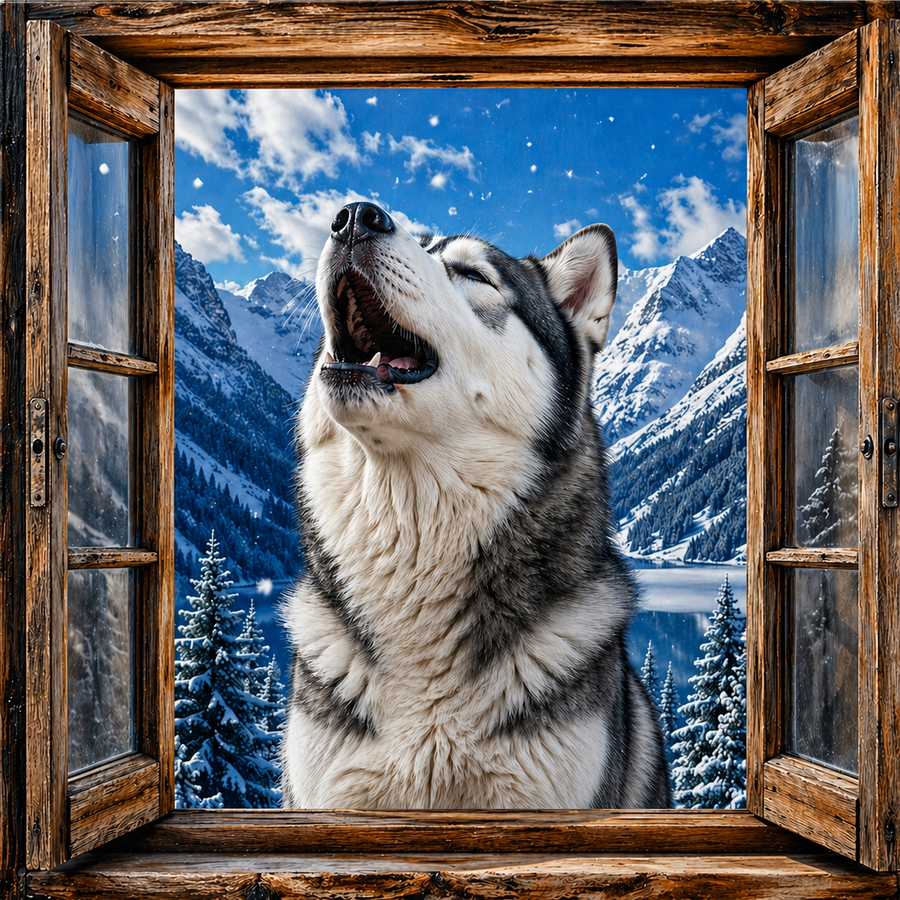 Husky Howl canvas wall art featuring a howling husky viewed through an open rustic wooden window with snowy mountains, evergreen trees, and a winter alpine landscape