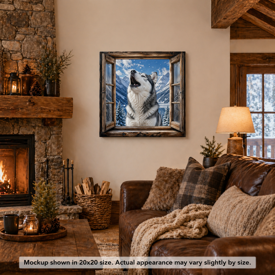 Husky Howl husky canvas wall art displayed in a cozy rustic cabin living room with warm wood tones, fireplace decor, and winter mountain artwork