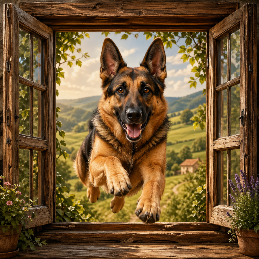 Shepherd’s Welcome canvas wall art featuring a joyful German Shepherd viewed through an open rustic wooden window with countryside hills, leafy greenery, and warm natural light