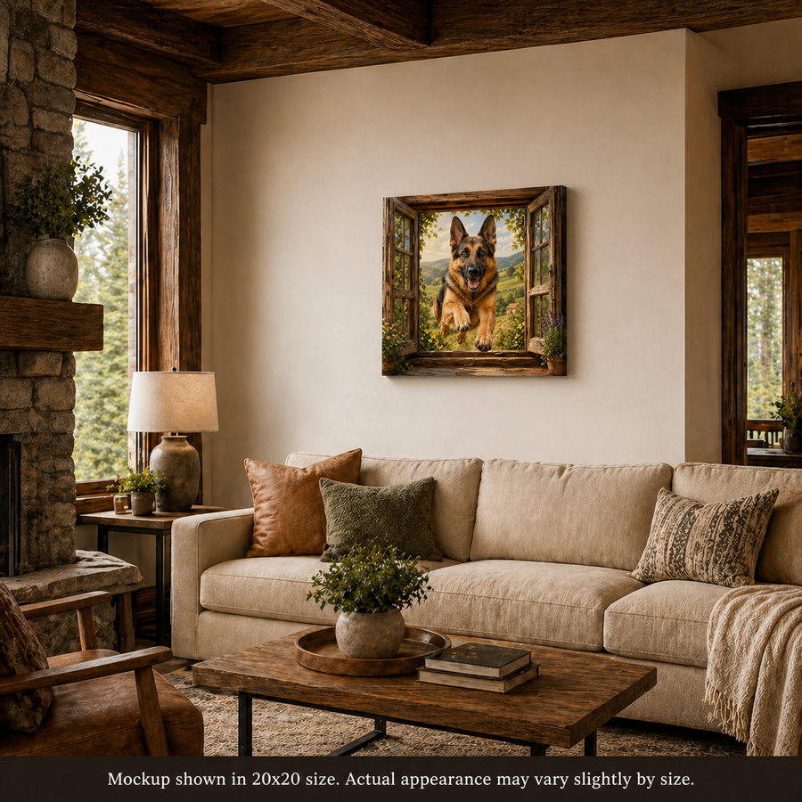 Shepherd’s Welcome German Shepherd canvas wall art displayed in a warm rustic living room with cozy farmhouse decor and natural wood accents