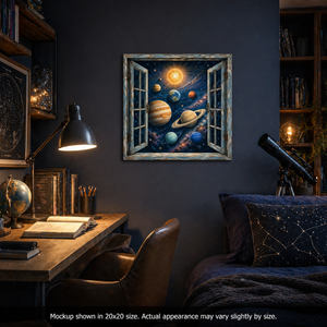 Planet Peeking kids space canvas wall art displayed in a cozy astronomy-themed bedroom with planets, stars, telescope decor, and deep navy colors