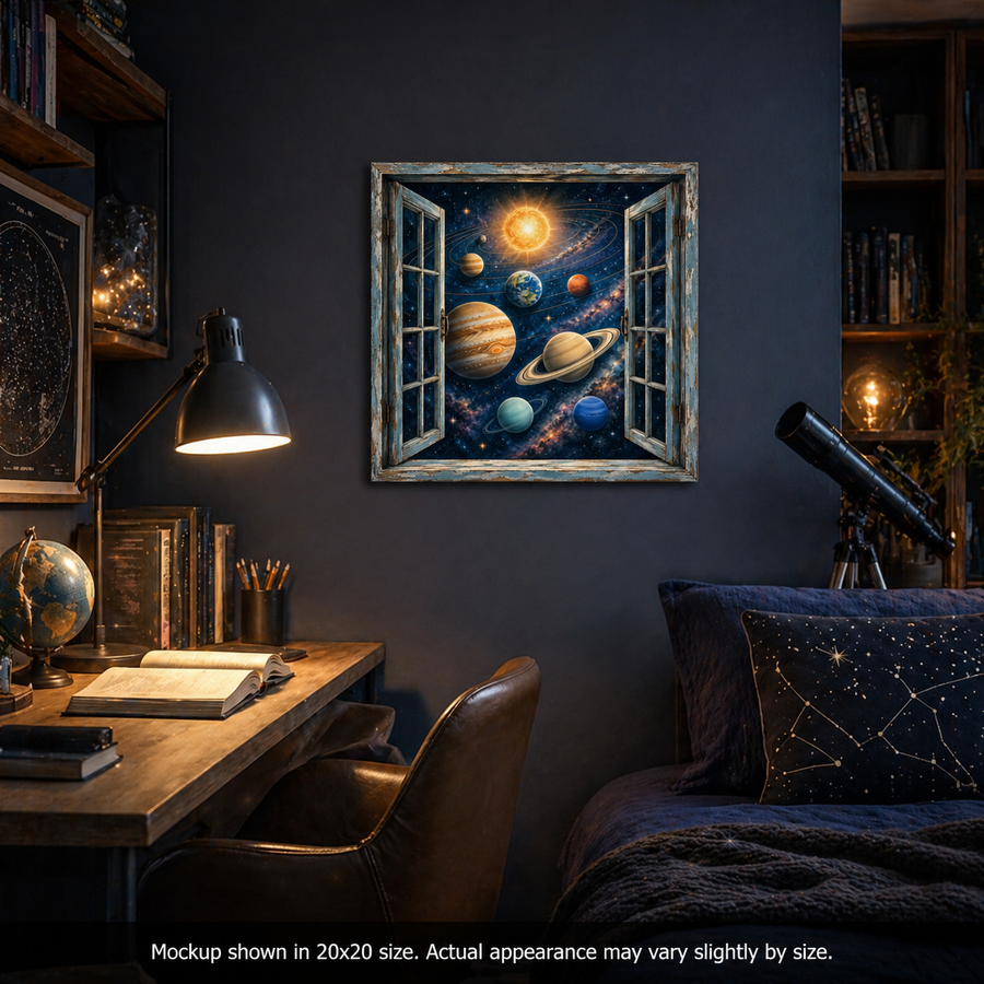 Planet Peeking kids space canvas wall art displayed in a cozy astronomy-themed bedroom with planets, stars, telescope decor, and deep navy colors