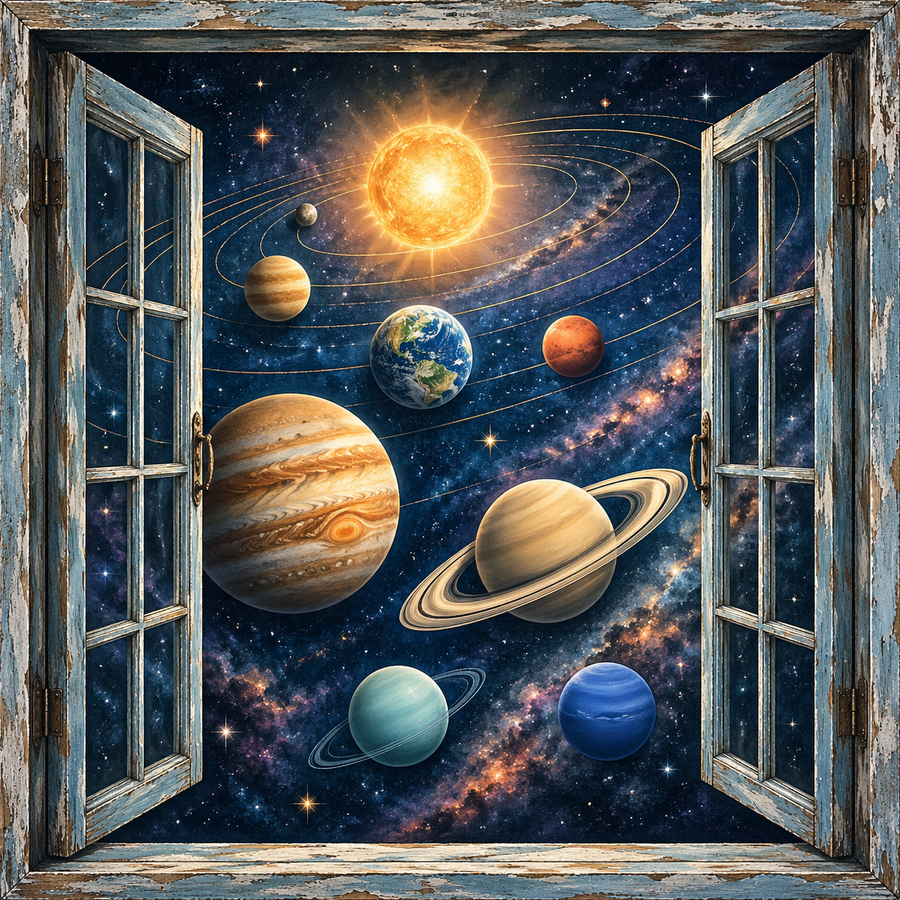 Planet Peeking canvas wall art featuring colorful planets and a glowing sun viewed through an open rustic window with stars, galaxy details, and solar system orbit paths