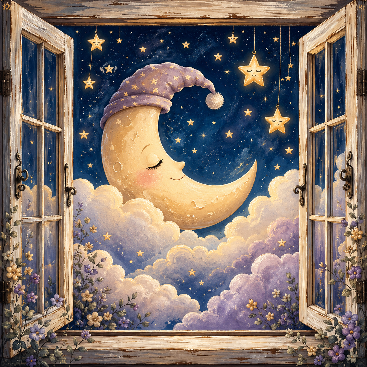 Sleeping Moon canvas wall art featuring a sleepy crescent moon viewed through an open window with fluffy clouds, glowing stars, and a dreamy night sky