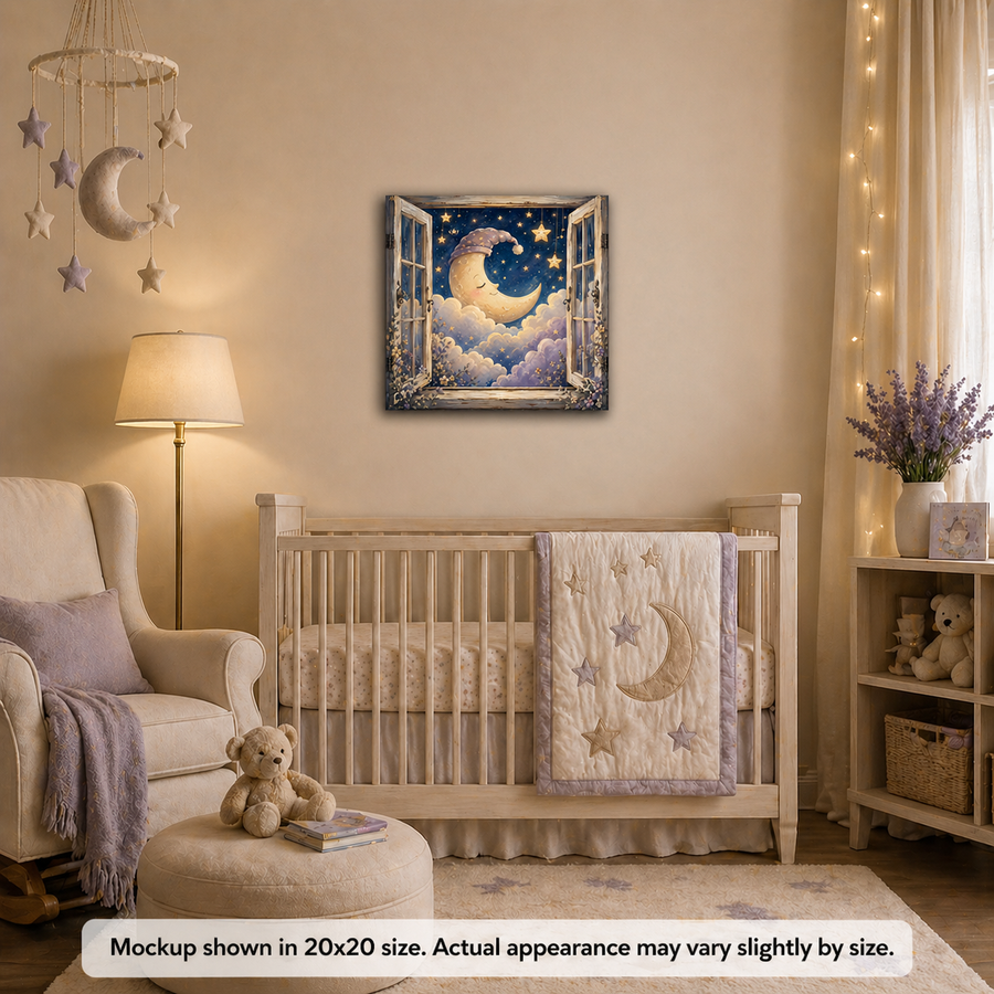 Sleeping Moon nursery canvas wall art displayed in a cozy baby room with soft moon and stars artwork and calming bedtime colors