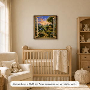 Fairytale Cottage kids canvas wall art displayed in a cozy nursery or child’s room with soft cottagecore artwork, warm garden colors, and a peaceful storybook feel
