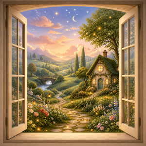 Fairytale Cottage canvas wall art featuring a cozy glowing cottage viewed through an open wooden window with a flower garden, stone path, river, bridge, rolling hills, and magical twilight sky