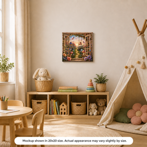 Fairy Wonderland kids canvas wall art displayed in a cozy nursery or child’s room with whimsical fairy garden artwork, soft flowers, and warm magical colors