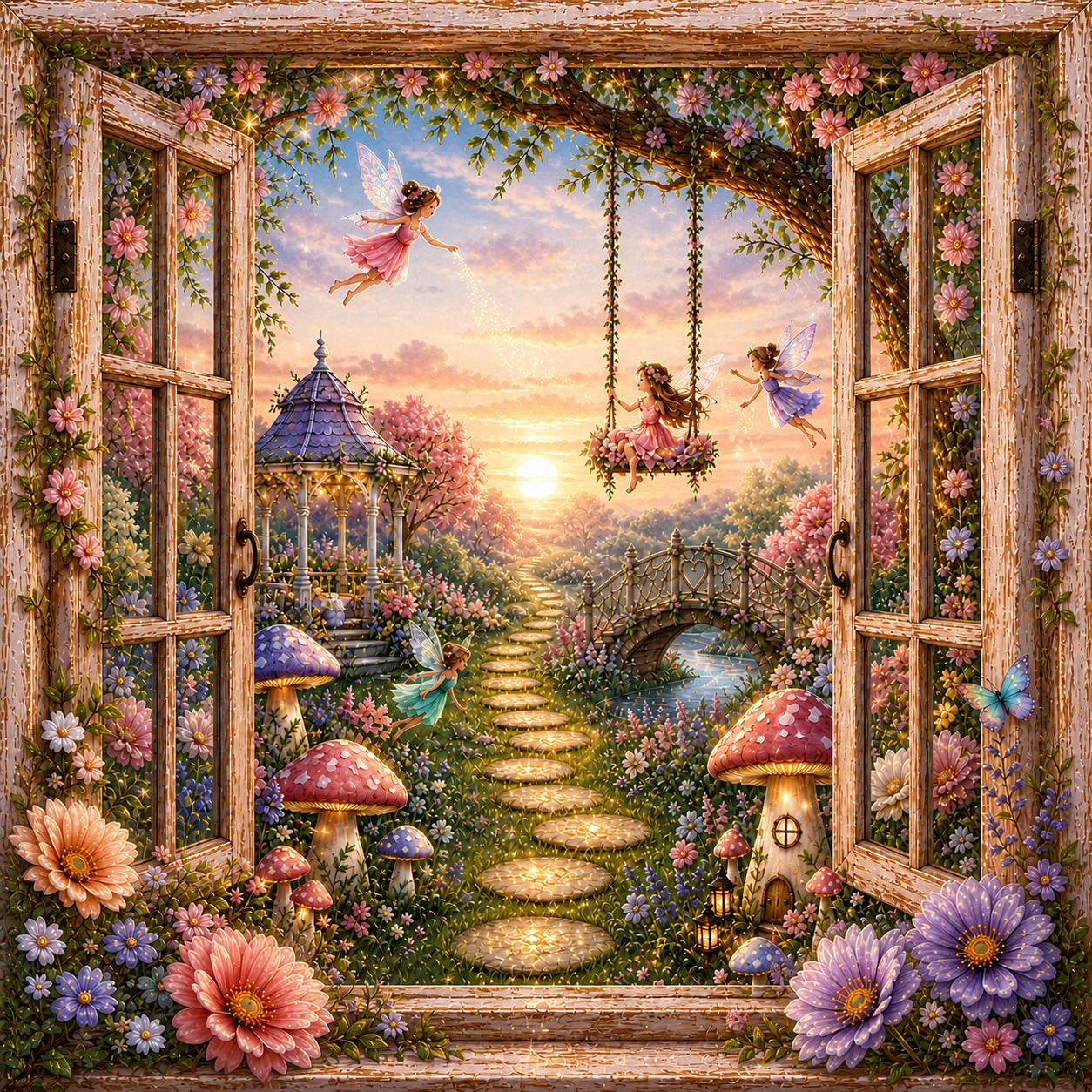 Fairy Wonderland canvas wall art featuring fairies in a magical flower garden viewed through an open wooden window with glowing paths, mushroom houses, butterflies, a bridge, and warm sunset light