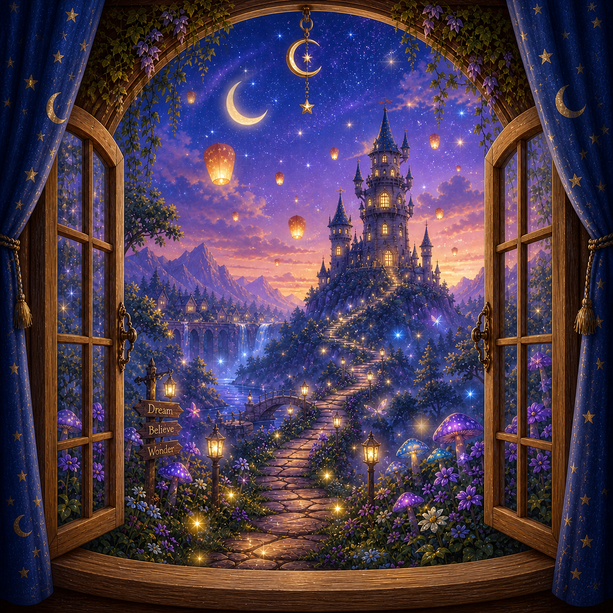 Magical Twilight canvas wall art featuring a fairytale castle viewed through an open wooden window with stars, lanterns, moonlight, and a glowing garden path