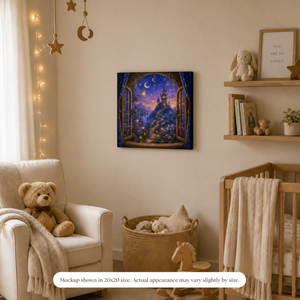 Magical Twilight fairytale canvas wall art displayed in a cozy kids room or nursery with whimsical castle artwork and soft magical colors