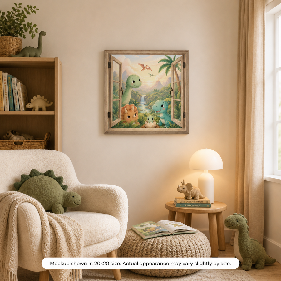 Playful Dinosaurs dinosaur canvas wall art shown in a kids room or nursery mockup with soft playful decor.