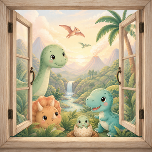 Playful Dinosaurs window-view canvas wall art featuring cute baby dinosaurs, tropical jungle scenery, a volcano, waterfall, and soft nursery-style colors.