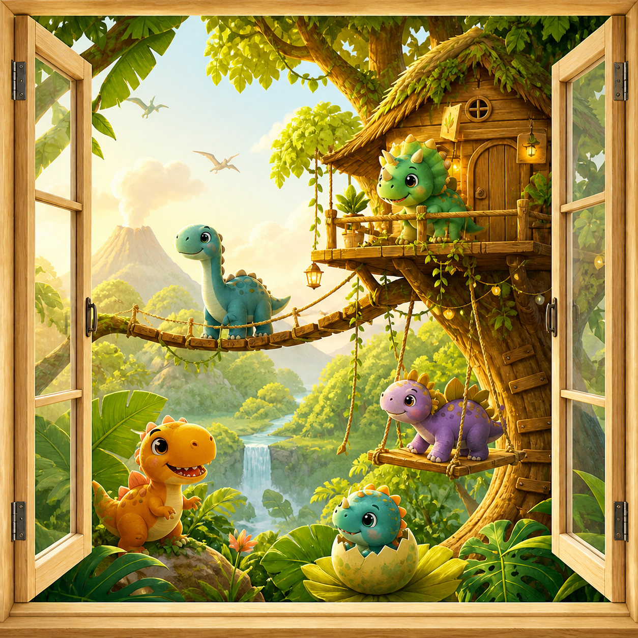 Dinosaur Treehouse canvas wall art featuring cute baby dinosaurs playing around a jungle treehouse viewed through an open window with tropical greenery, a volcano, waterfall, and warm sunlight