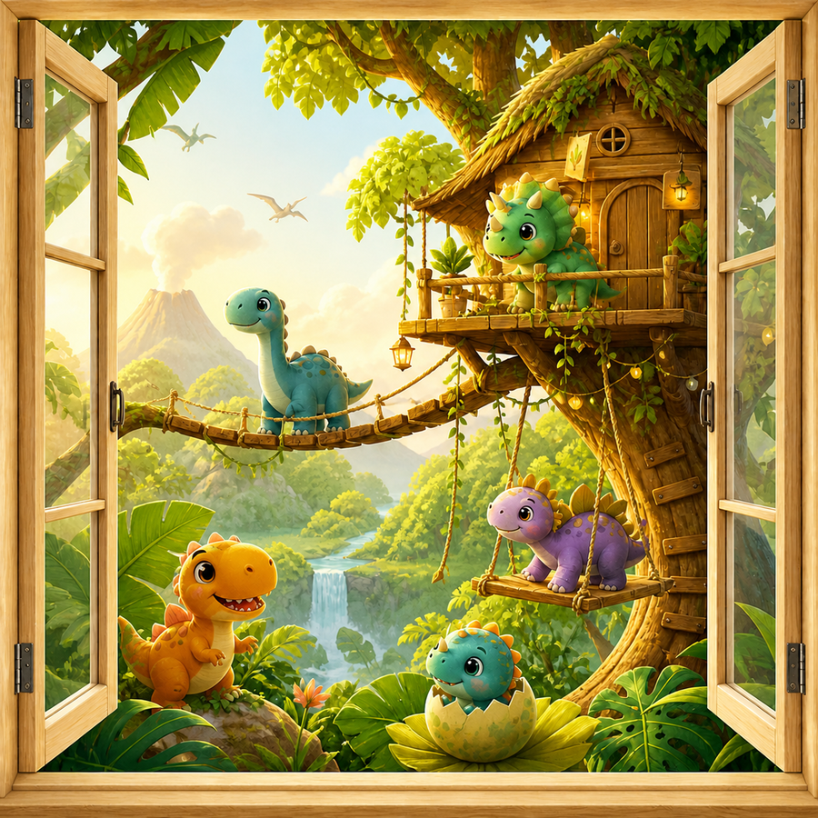 Dinosaur Treehouse canvas wall art featuring cute baby dinosaurs playing around a jungle treehouse viewed through an open window with tropical greenery, a volcano, waterfall, and warm sunlight