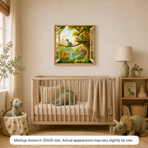 Dinosaur Treehouse kids canvas wall art displayed in a playful nursery or child’s room with cheerful dinosaur jungle artwork and warm storybook colors