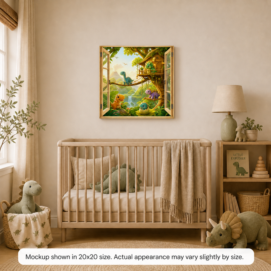 Dinosaur Treehouse kids canvas wall art displayed in a playful nursery or child’s room with cheerful dinosaur jungle artwork and warm storybook colors