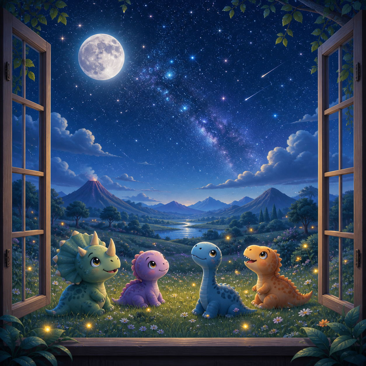 Dinosaur Stargazers canvas wall art featuring cute baby dinosaurs sitting under a moonlit night sky viewed through an open window with stars, comets, mountains, and glowing fireflies