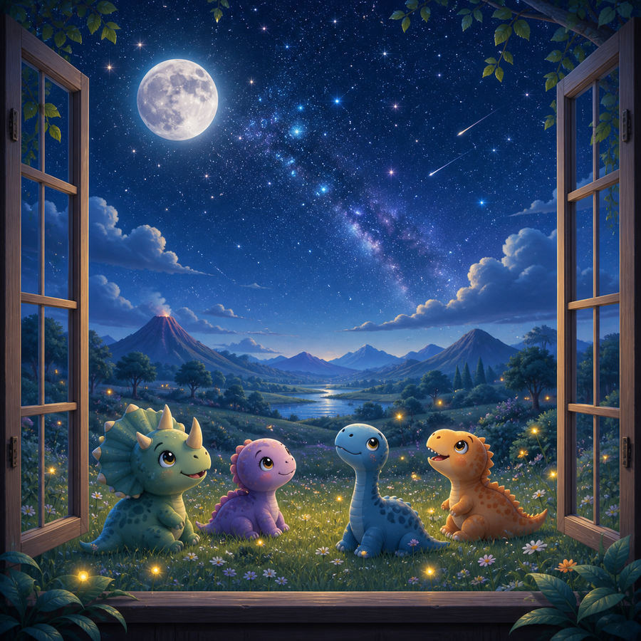 Dinosaur Stargazers canvas wall art featuring cute baby dinosaurs sitting under a moonlit night sky viewed through an open window with stars, comets, mountains, and glowing fireflies