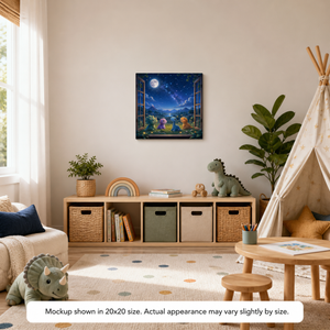Dinosaur Stargazers kids canvas wall art displayed in a cozy nursery or child’s room with peaceful dinosaur night-sky artwork and soft bedtime colors