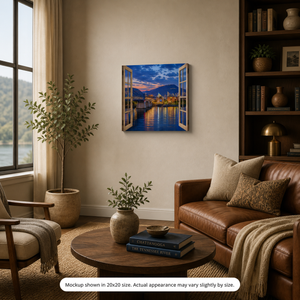 Scenic City canvas wall art displayed in a warm living room with leather seating, natural wood accents, books, plants, and a glowing riverfront city view