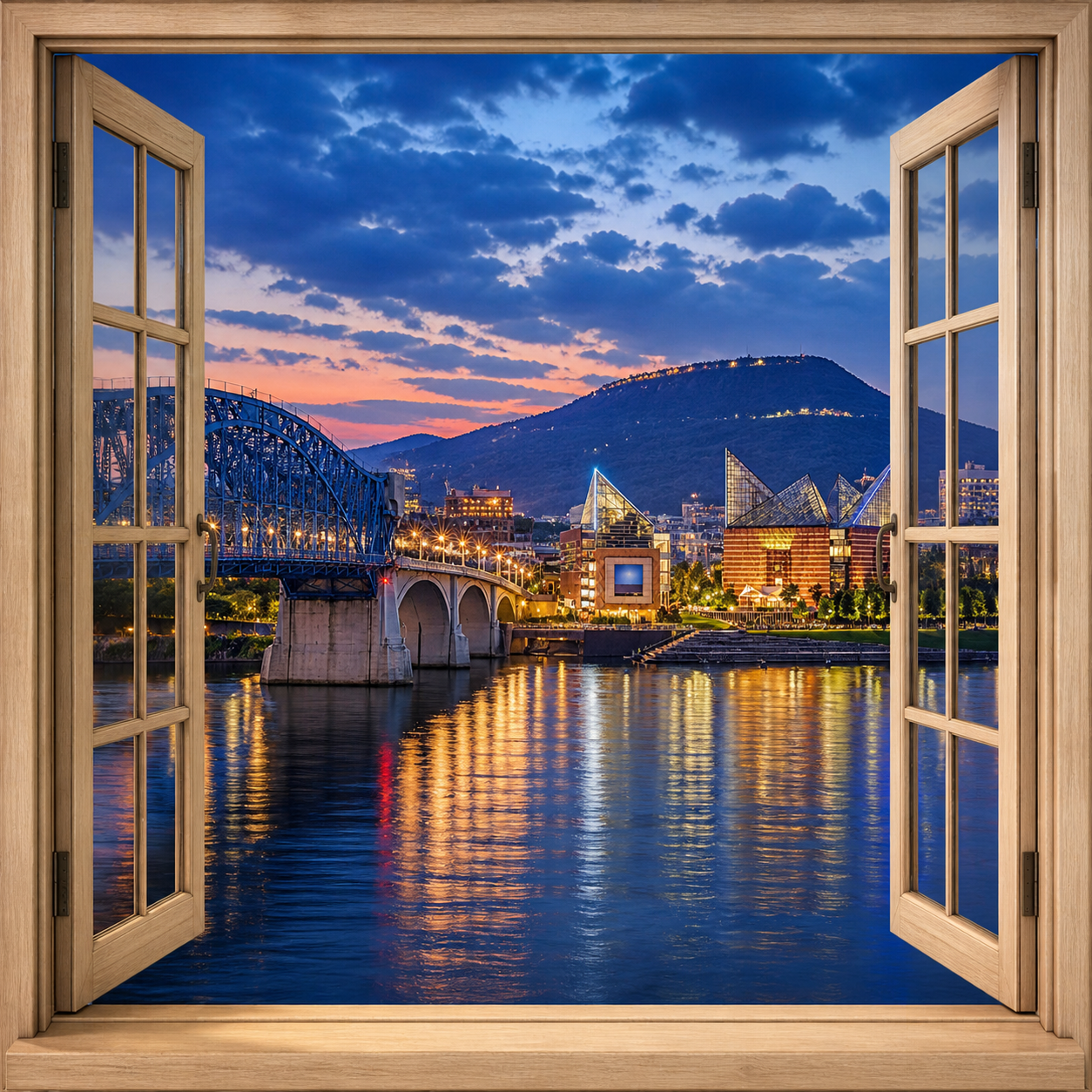 Scenic City canvas wall art featuring a glowing riverfront city skyline viewed through open windows with bridge details, water reflections, and rich twilight colors
