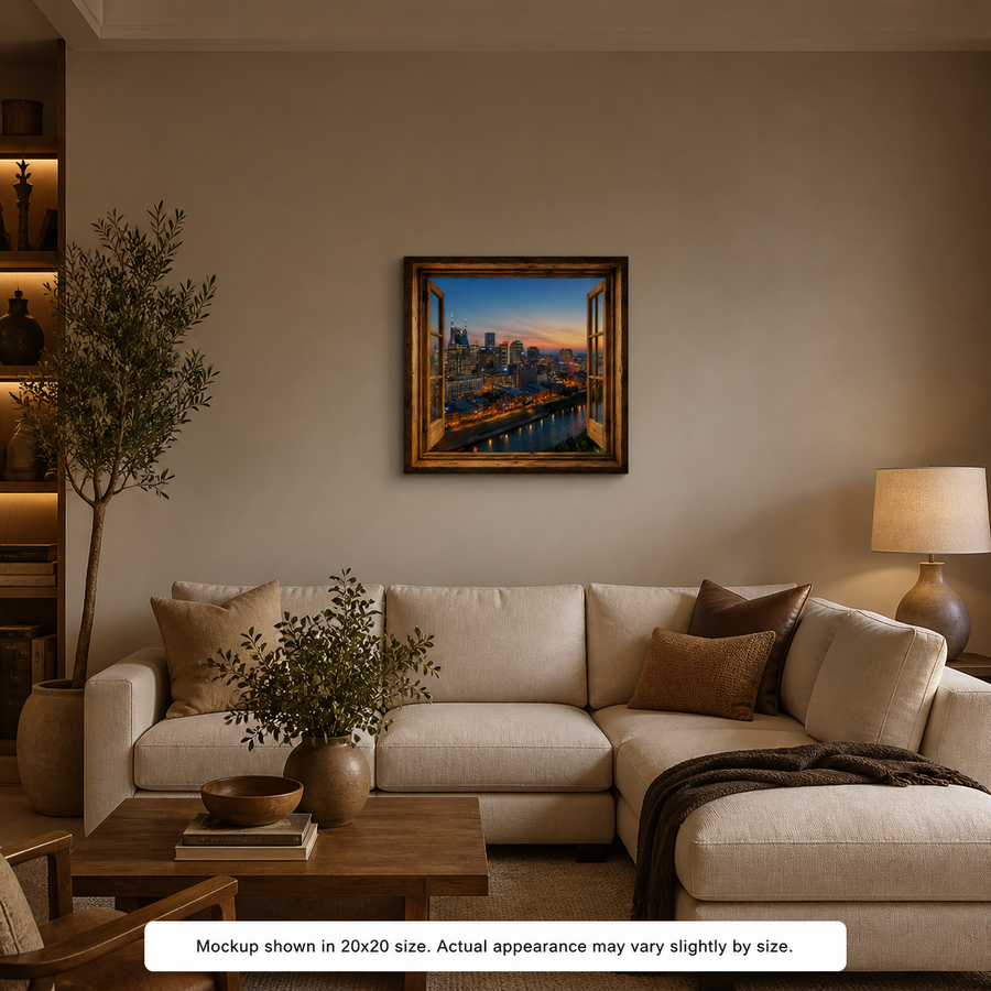 Music City Nights canvas wall art displayed in a warm living room with neutral decor, wood accents, and a glowing Nashville skyline view