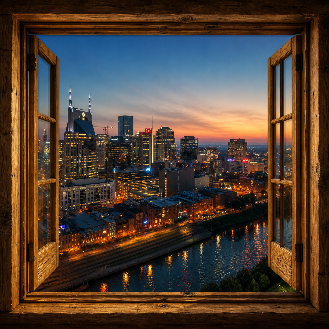 Music City Nights canvas wall art featuring the Nashville skyline viewed through an open wooden window with glowing city lights, Cumberland River reflections, and a warm twilight sky