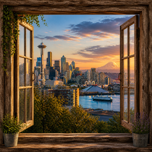 Emerald City Glow canvas wall art featuring the Seattle skyline viewed through an open wooden window with the Space Needle, waterfront scenery, Mount Rainier, and warm sunset light