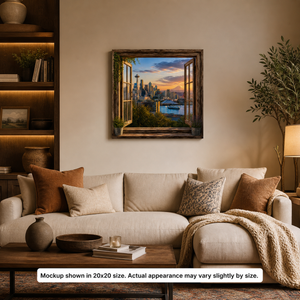 Emerald City Glow canvas wall art displayed in a warm living room with neutral decor, wood accents, and a glowing Seattle skyline view
