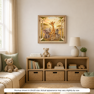 Safari Friends nursery canvas wall art displayed in a cozy child’s room with neutral decor, safari animal artwork, and warm natural tones