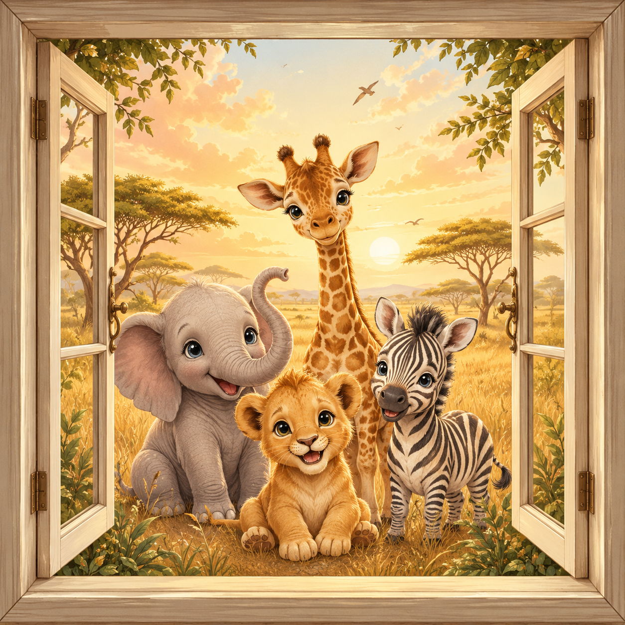 Safari Friends canvas wall art featuring a giraffe, elephant, zebra, and lion cub viewed through an open window with golden savanna light and soft storybook detail