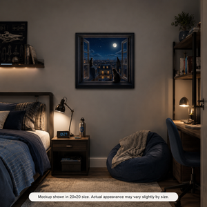 Moonlit City Cats canvas wall art displayed in a cozy bedroom or office with dark tones, warm lighting, and a moonlit city cat scene above the bed