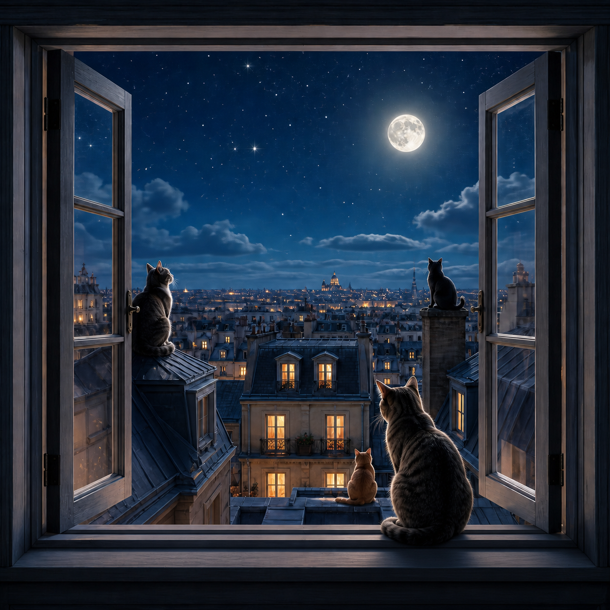 Moonlit City Cats canvas wall art featuring several cats watching over glowing city rooftops through an open window with a full moon, stars, and a peaceful night skyline