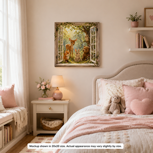 Woodland Friends nursery canvas wall art displayed in a cozy child’s room with soft pink accents, woodland animal artwork, and warm storybook charm