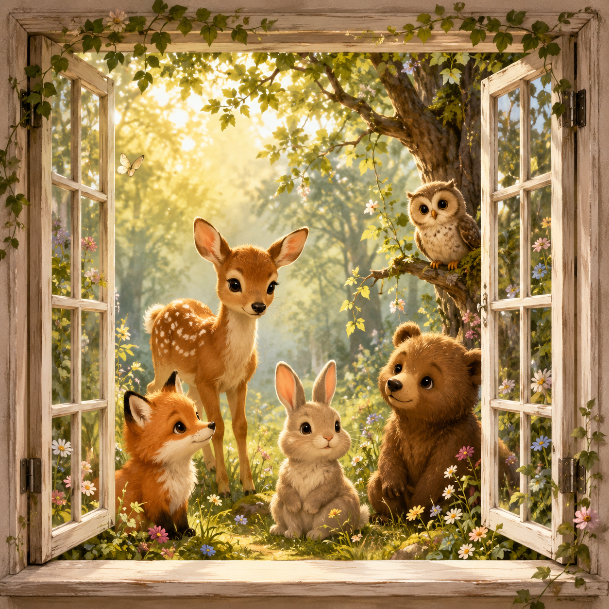Woodland Friends canvas wall art featuring a fawn, fox, bunny, bear, and owl viewed through an open window with soft forest light, greenery, and delicate flowers