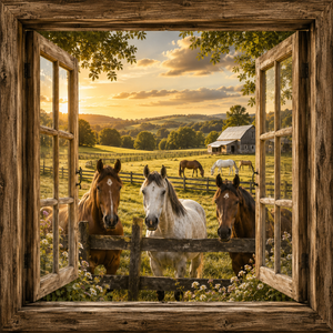 Fence Line Horses canvas wall art featuring three horses viewed through open rustic wooden windows with pastureland, a weathered barn, wildflowers, and warm sunset light