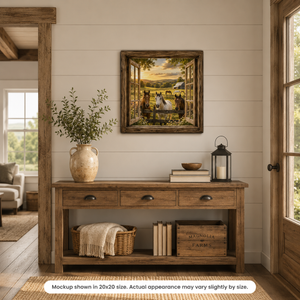 Fence Line Horses canvas wall art displayed in a warm farmhouse entryway with rustic wood furniture, neutral decor, and peaceful horse pasture artwork