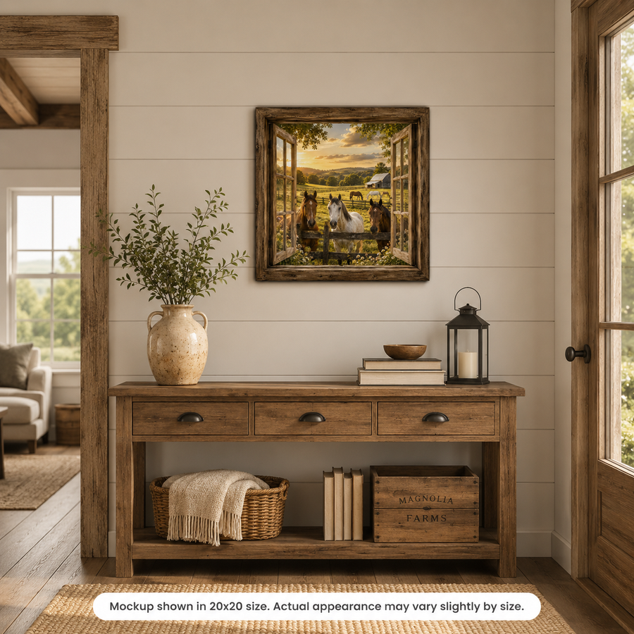 Fence Line Horses canvas wall art displayed in a warm farmhouse entryway with rustic wood furniture, neutral decor, and peaceful horse pasture artwork