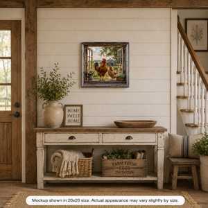Farmhouse Chickens canvas wall art displayed in a rustic farmhouse entryway with country decor, wood accents, and cozy chicken artwork