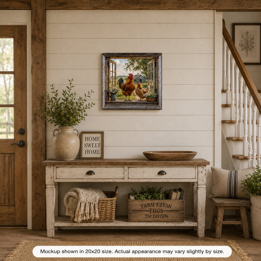 Farmhouse Chickens canvas wall art displayed in a rustic farmhouse entryway with country decor, wood accents, and cozy chicken artwork
