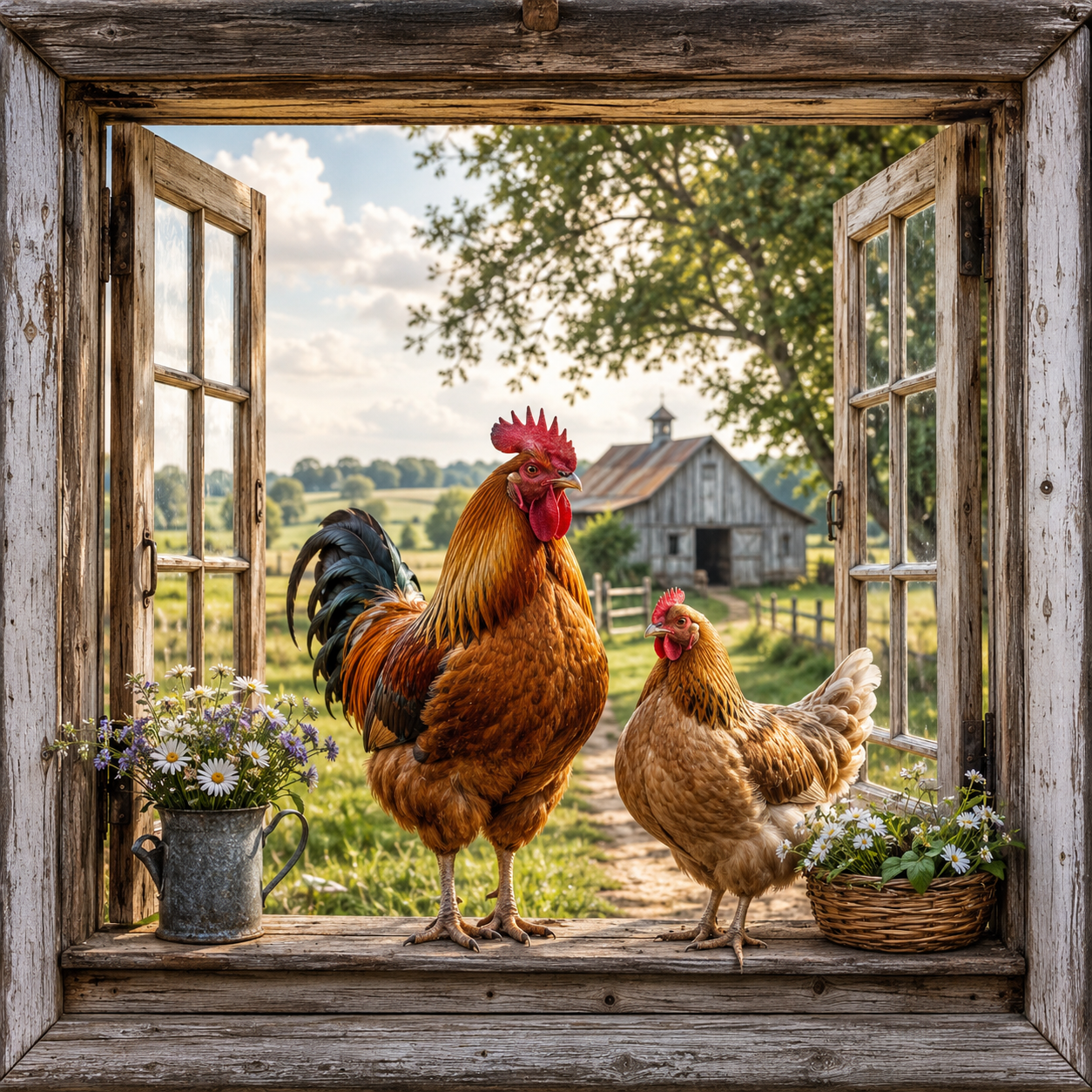 Farmhouse Chickens canvas wall art featuring a rooster and hen viewed through open weathered wooden windows with wildflowers, barn scenery, and warm countryside light