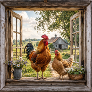 Farmhouse Chickens canvas wall art featuring a rooster and hen viewed through open weathered wooden windows with wildflowers, barn scenery, and warm countryside light