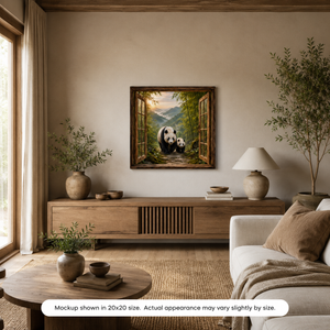 Pandas in the Mist canvas wall art displayed in a warm neutral living room with wood accents, natural decor, and peaceful panda mountain artwork