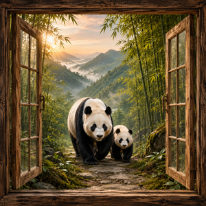 Pandas in the Mist canvas wall art featuring a panda and cub viewed through open rustic wooden windows with bamboo forest, misty mountains, and warm golden light