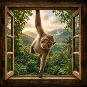 Hanging Around canvas wall art featuring a playful monkey hanging through an open rustic wooden window with lush jungle greenery, mountain views, and warm golden light