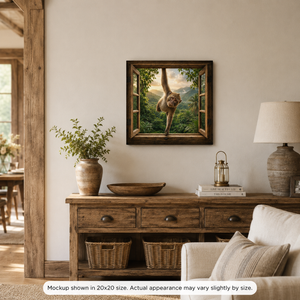 Hanging Around canvas wall art displayed in a warm rustic living room with wood accents, neutral decor, and playful monkey jungle artwork