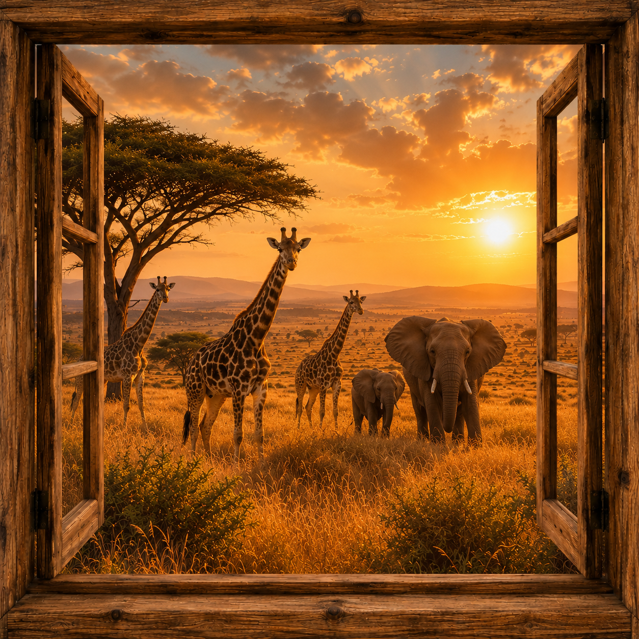 Golden Safari canvas wall art featuring giraffes and elephants viewed through open rustic wooden windows with golden savanna grasses and a glowing sunset sky